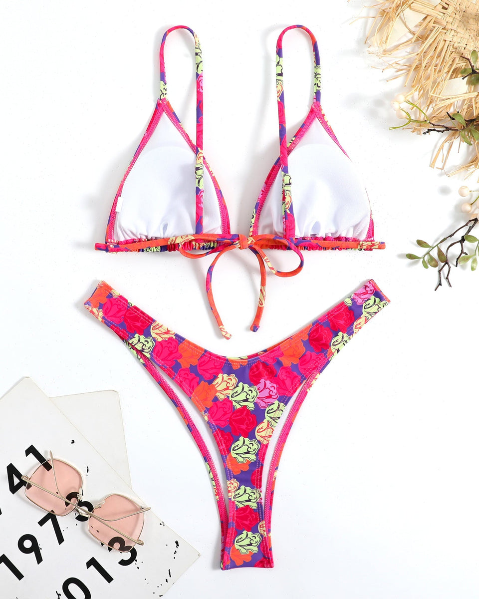 Renkli Çiçek Desenli Halter Bikini