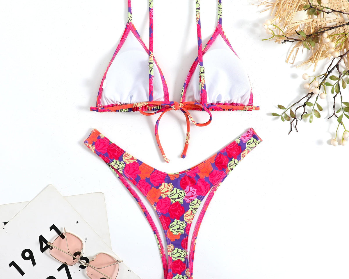 Renkli Çiçek Desenli Halter Bikini