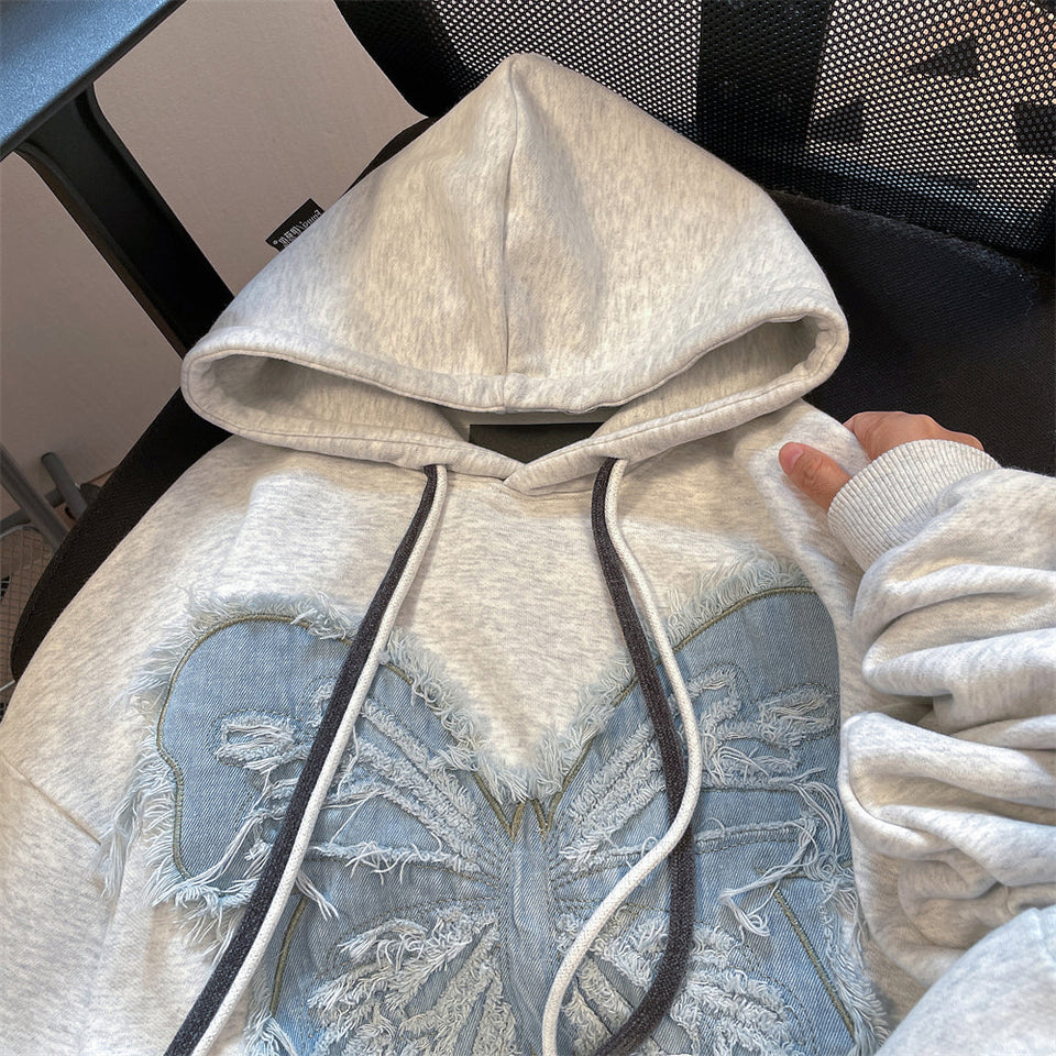 Denim Patch Kelebek Kapüşonlu Sweatshirt