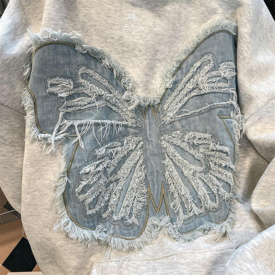 Denim Patch Kelebek Kapüşonlu Sweatshirt