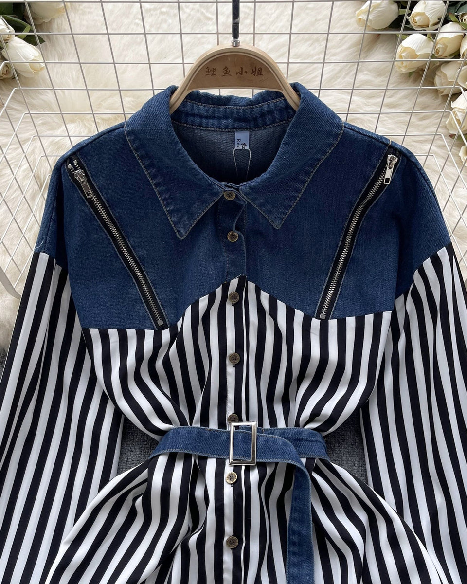 Niş Çizgili Patchwork Denim Gömlek
