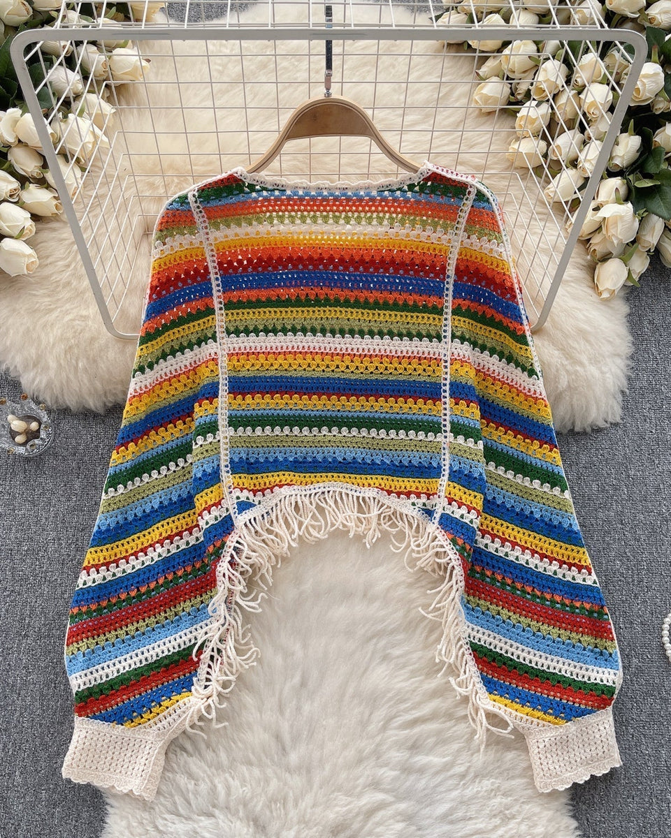 Renkli Çizgili Boşaltılmış Fringed Triko