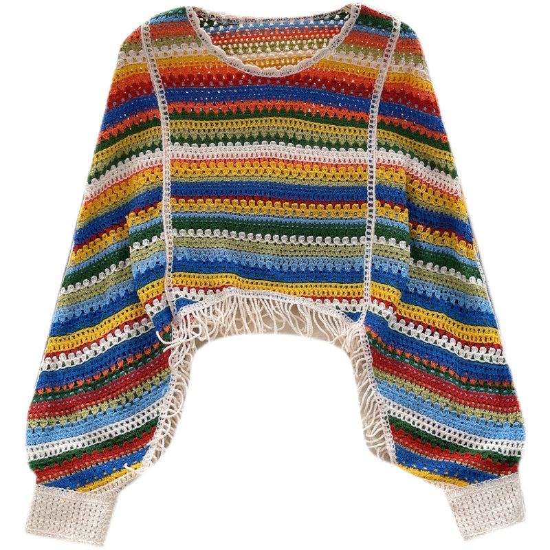 Renkli Çizgili Boşaltılmış Fringed Triko