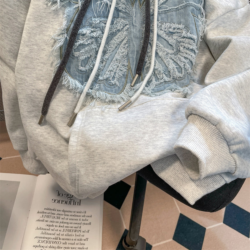 Denim Patch Kelebek Kapüşonlu Sweatshirt
