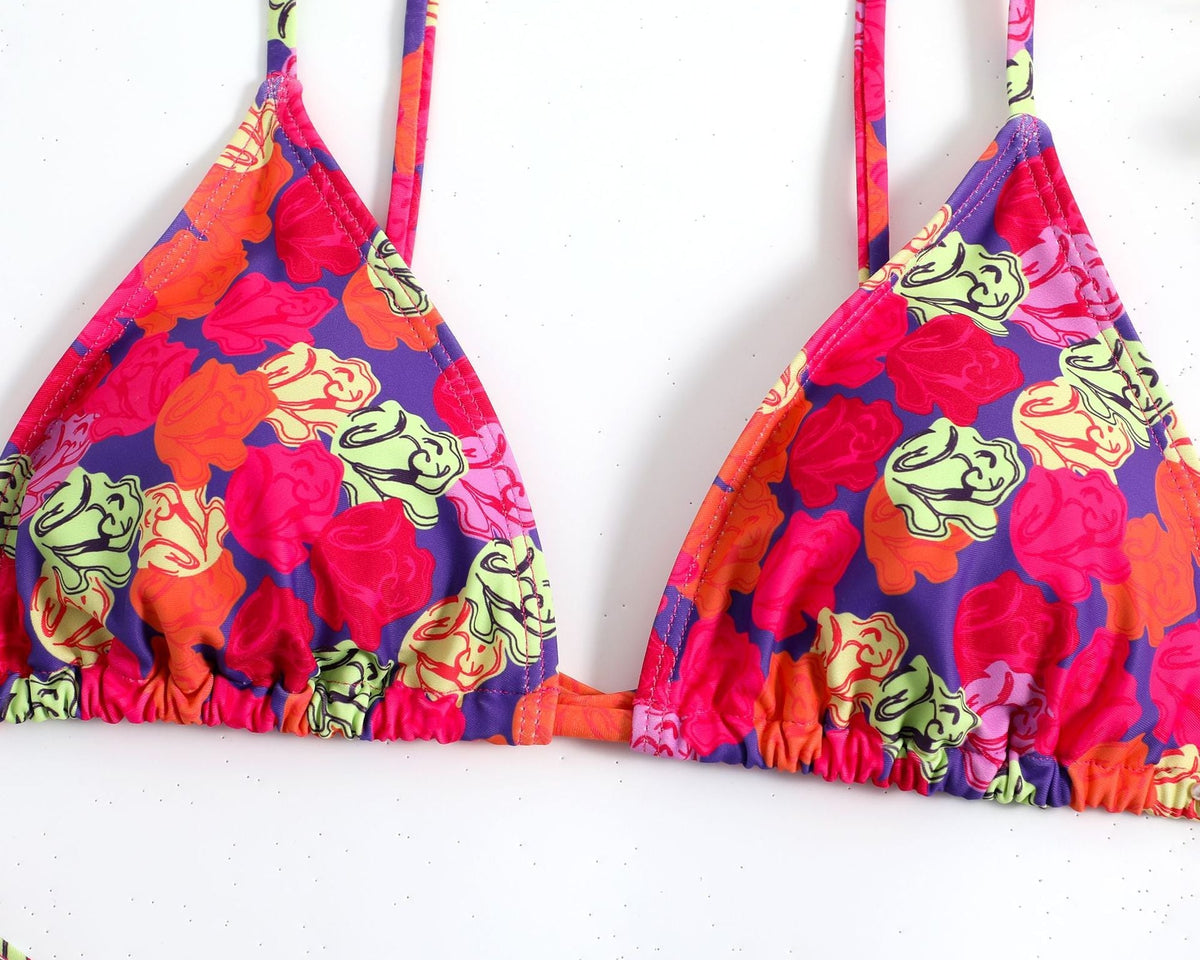 Renkli Çiçek Desenli Halter Bikini