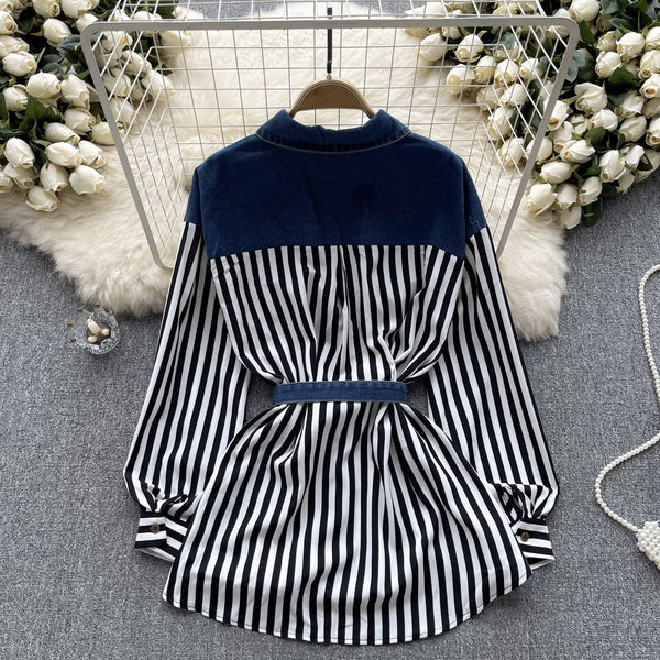 Niş Çizgili Patchwork Denim Gömlek