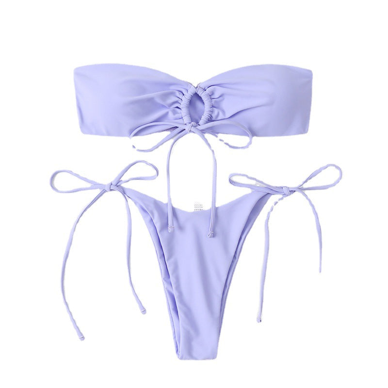 Düz Renk Plise Detaylı Bikini