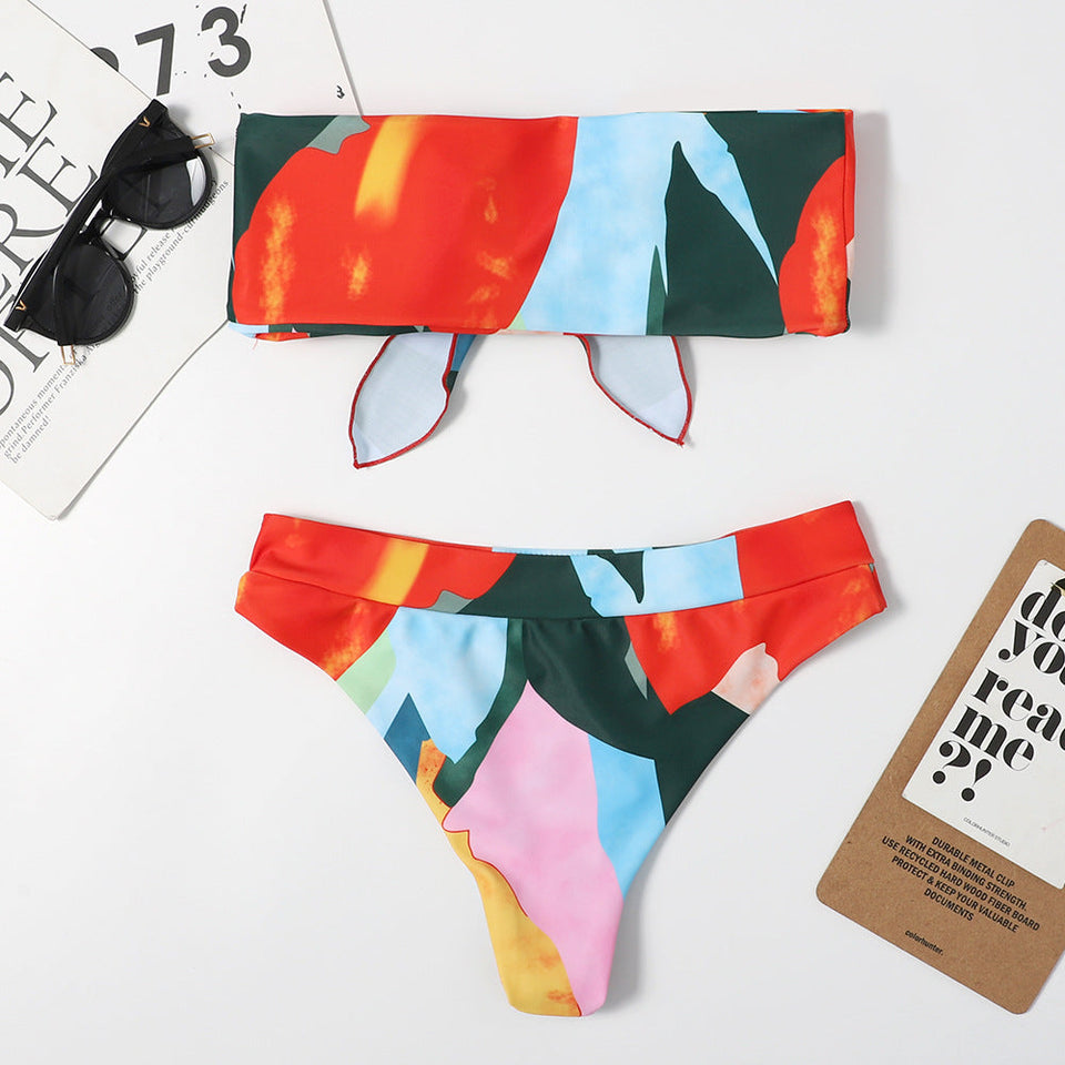 Düğümlü Çiçek Desenli Straplez Bikini