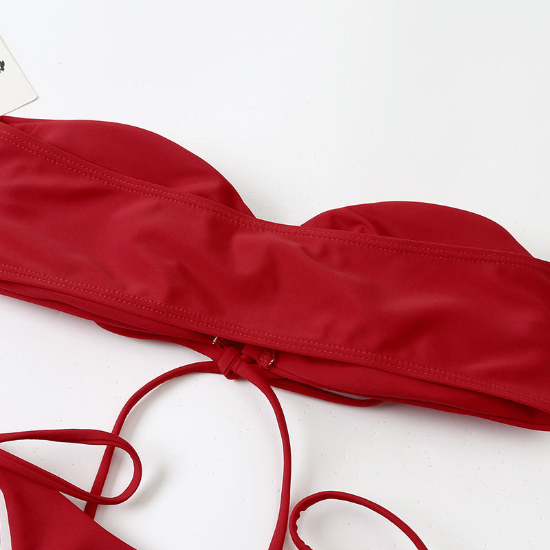 Düz Renk Plise Detaylı Bikini