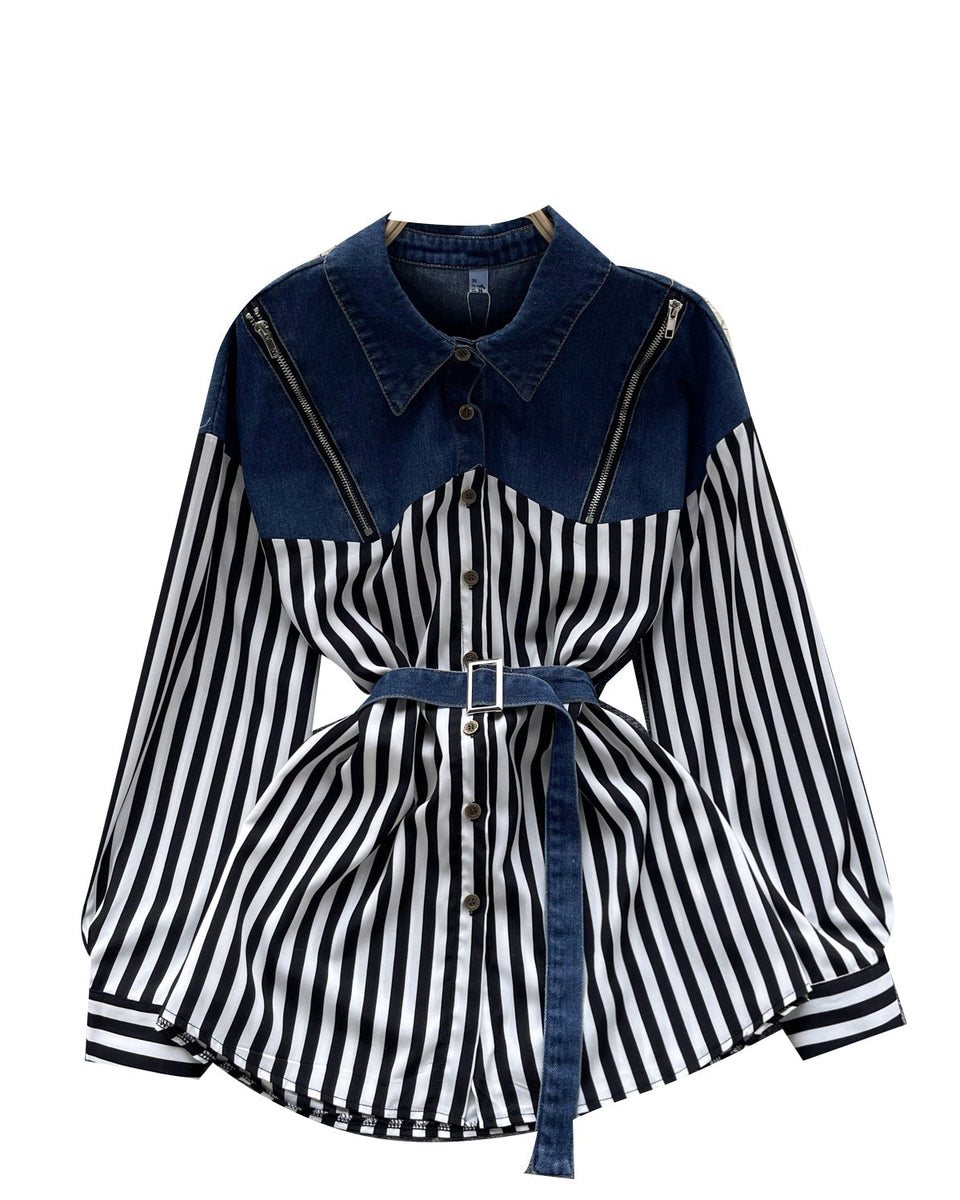 Niş Çizgili Patchwork Denim Gömlek