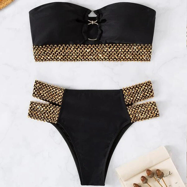 Seksiy Glossy Oyuklu Boncuklu Bikini