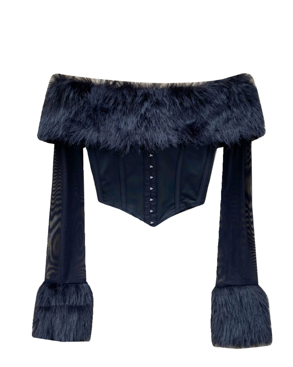 Kabarık Manşet Off-shoulder Siyah Üst