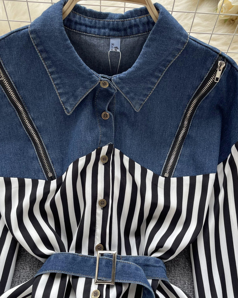 Niş Çizgili Patchwork Denim Gömlek