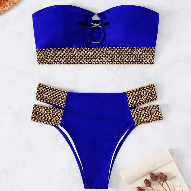 Seksiy Glossy Oyuklu Boncuklu Bikini
