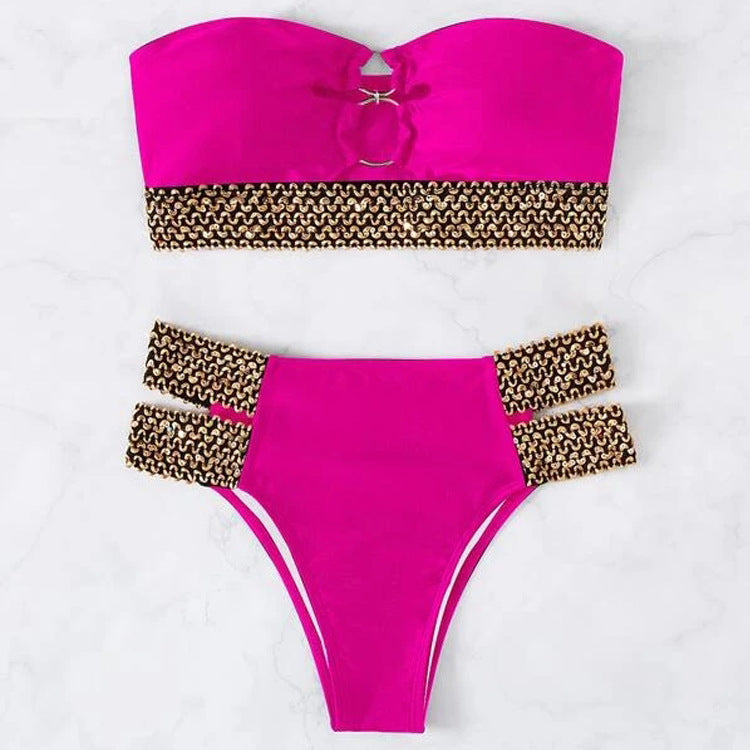 Seksiy Glossy Oyuklu Boncuklu Bikini