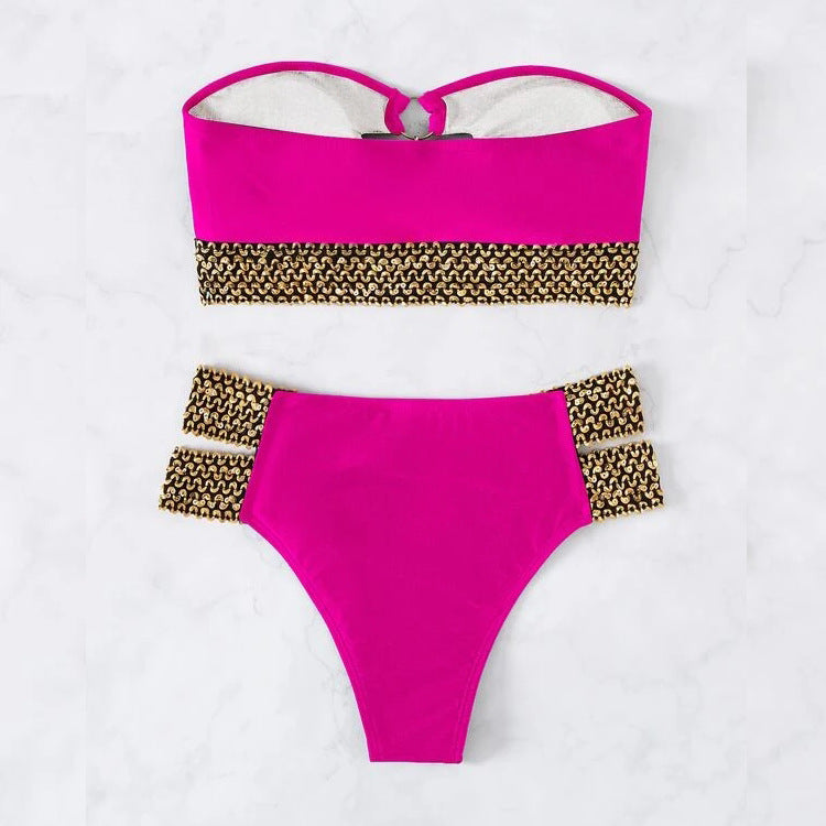Seksiy Glossy Oyuklu Boncuklu Bikini