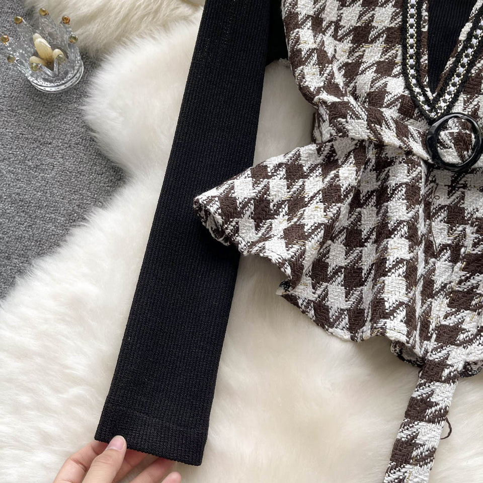 Şık Houndstooth Renk Bloklama Üst