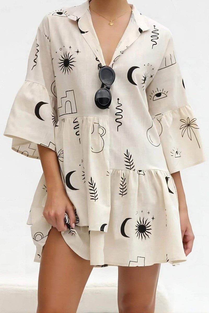 Kısa, rahat etnik stil gömlek elbisesi