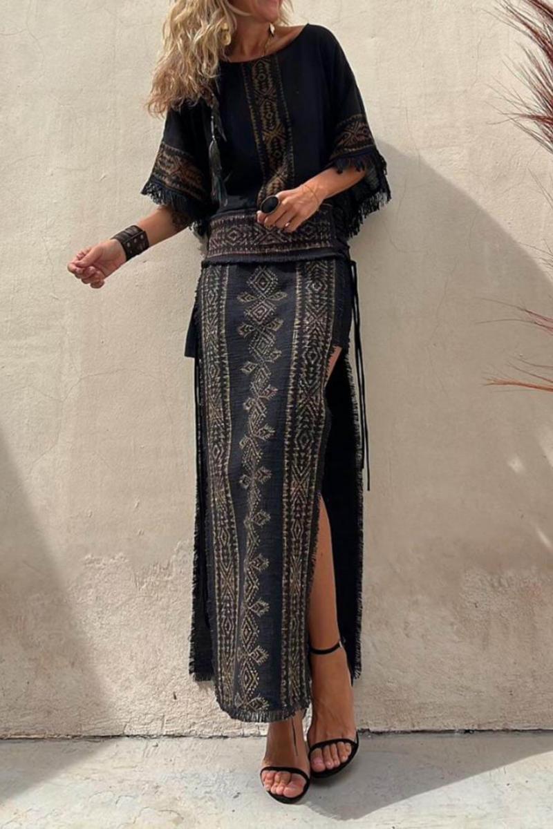 Etnik Desenli ve Patchwork Yan Bağlama ile Maxirok Seti