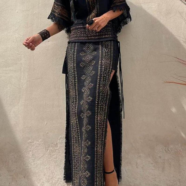 Etnik Desenli ve Patchwork Yan Bağlama ile Maxirok Seti