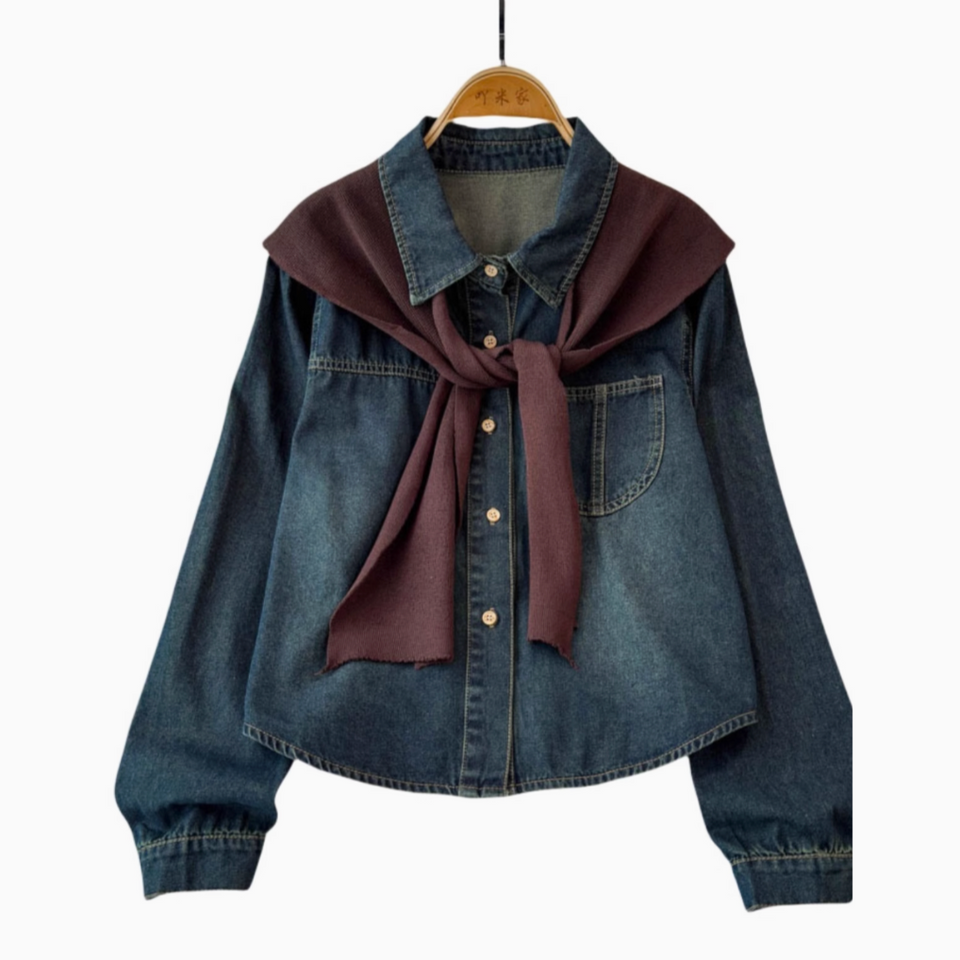 Şal Detaylı Yaka Açık Denim Gömlek