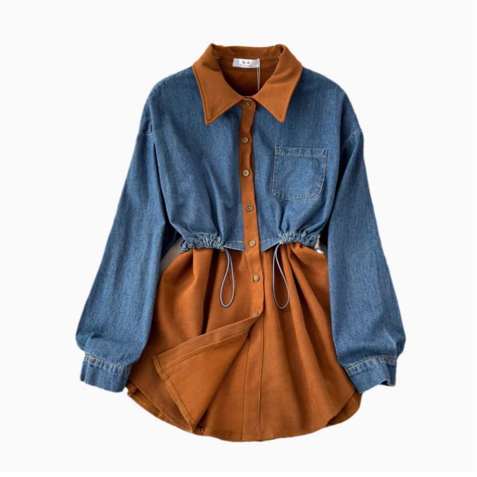 Şık Denim Patchwork Esnek Gömlek