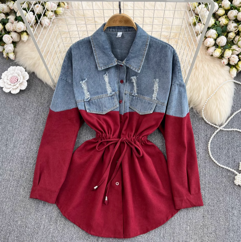 Renk Çatışan Denim Patchwork Gömlek