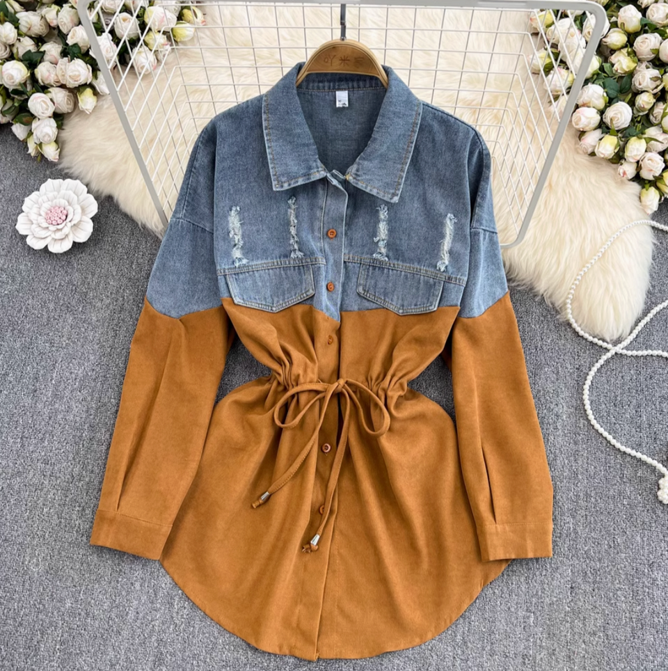 Renk Çatışan Denim Patchwork Gömlek