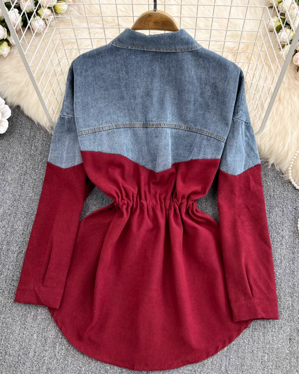 Renk Çatışan Denim Patchwork Gömlek