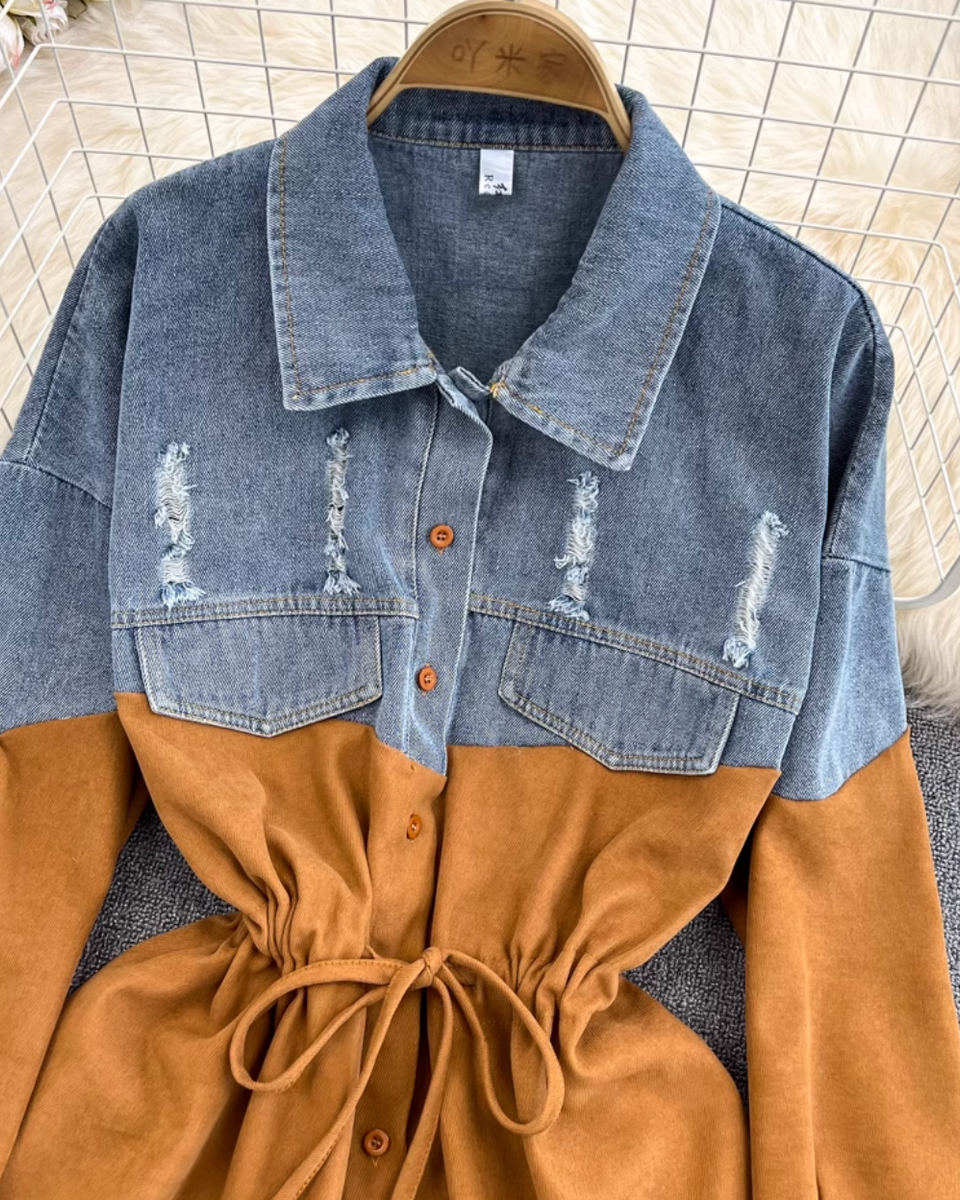 Renk Çatışan Denim Patchwork Gömlek