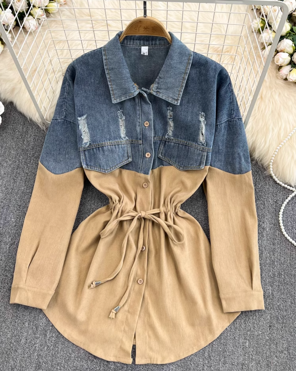 Renk Çatışan Denim Patchwork Gömlek