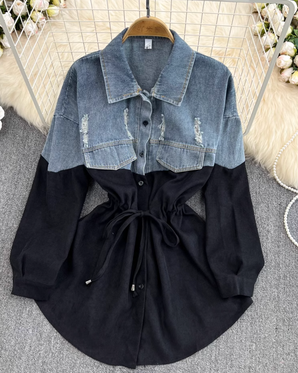 Renk Çatışan Denim Patchwork Gömlek
