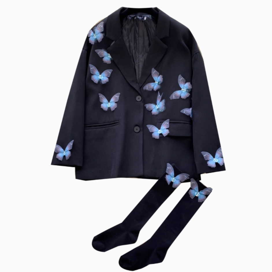 3D Mavi Kelebek Siyah Blazer