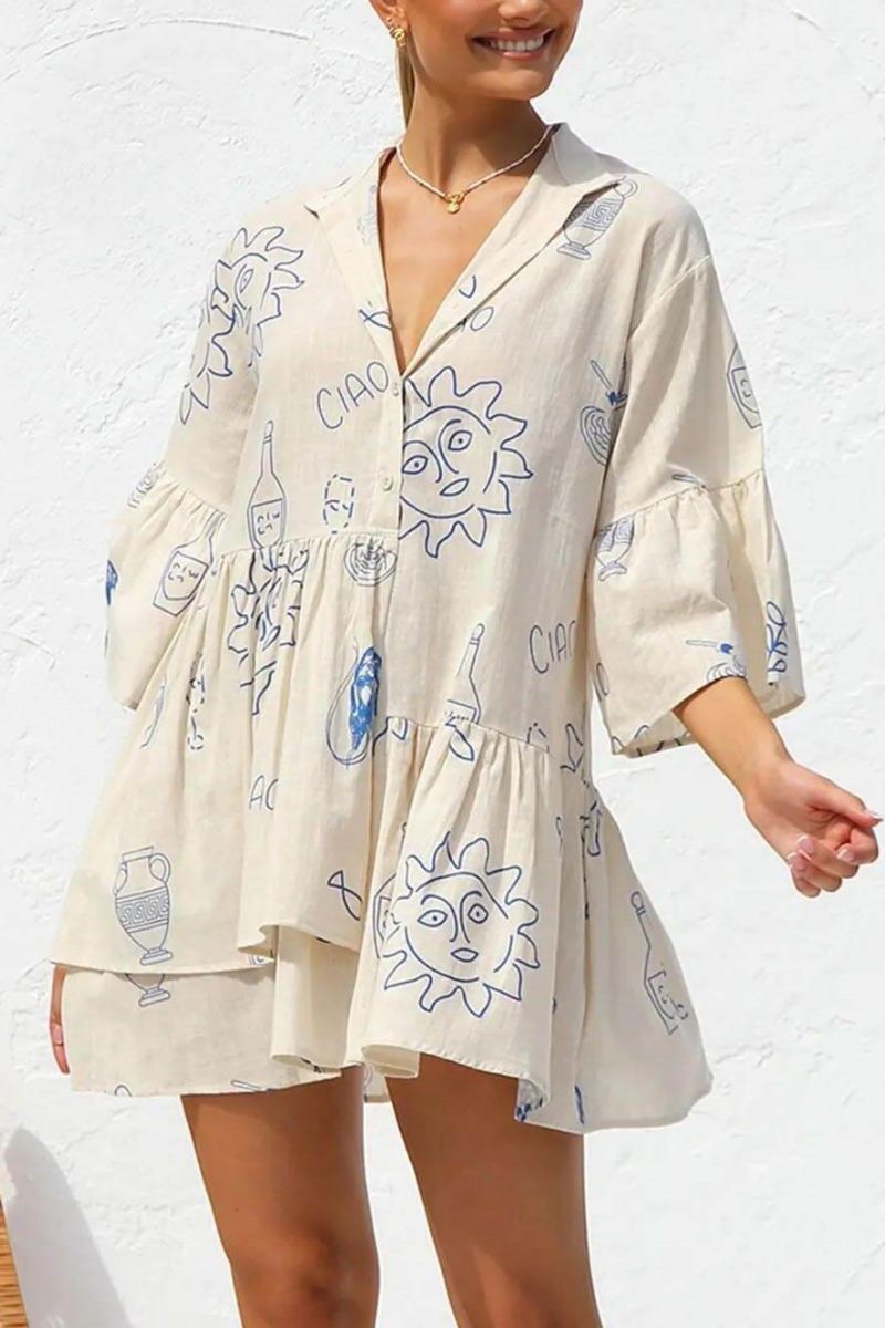 Kısa, rahat etnik stil gömlek elbisesi