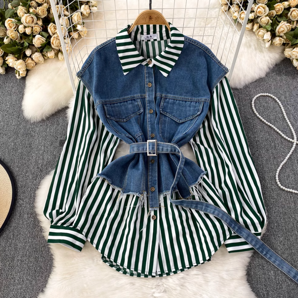 Düzensiz Tasarım Denim Patchwork Çizgili Gömlek
