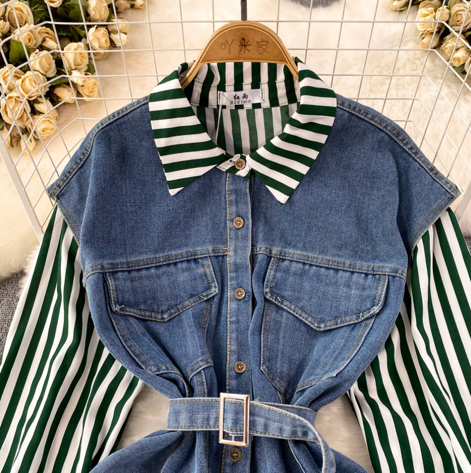 Düzensiz Tasarım Denim Patchwork Çizgili Gömlek