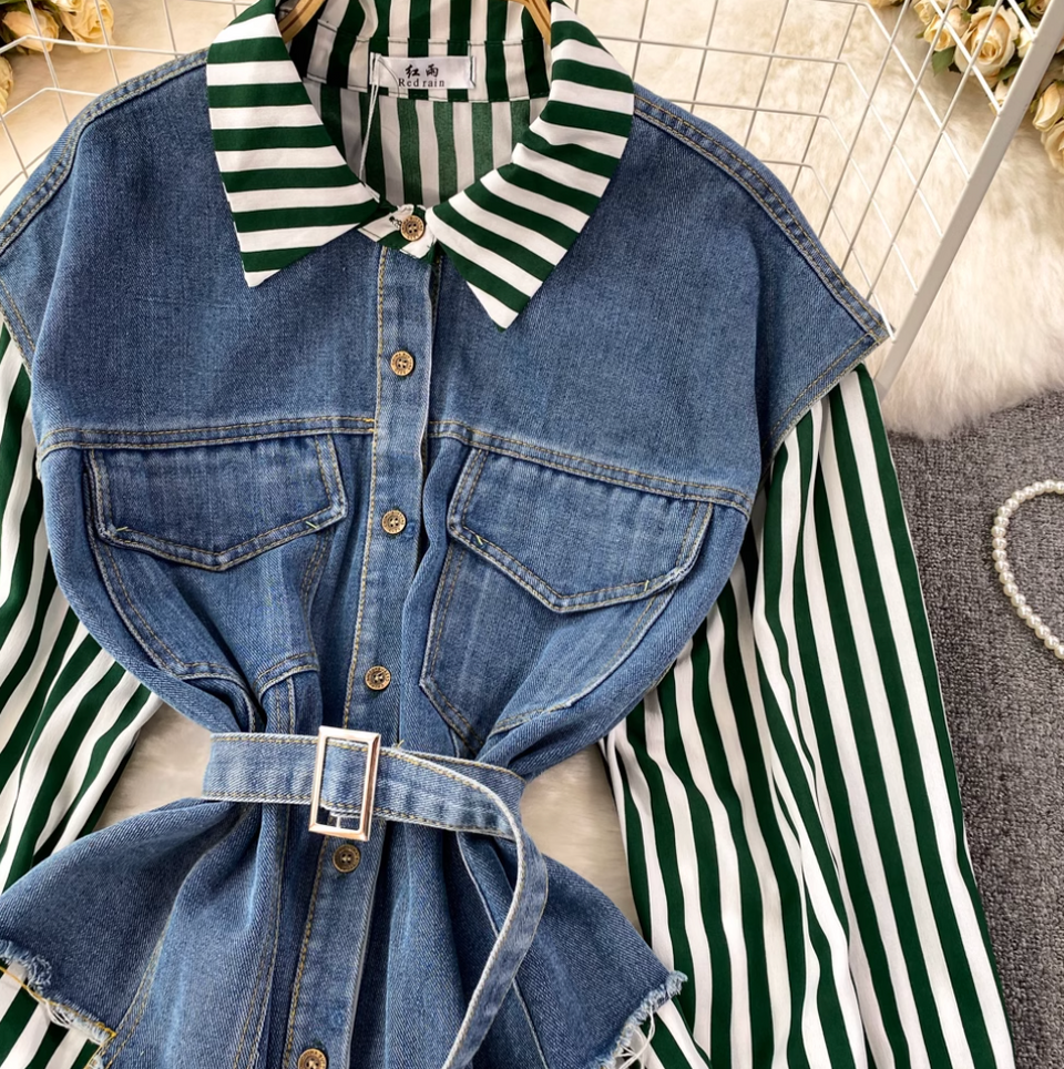 Düzensiz Tasarım Denim Patchwork Çizgili Gömlek