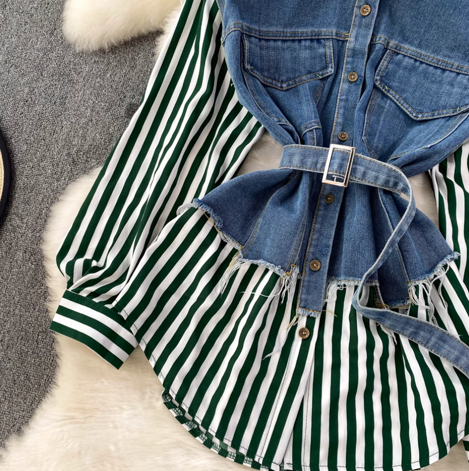 Düzensiz Tasarım Denim Patchwork Çizgili Gömlek