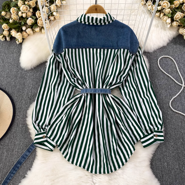 Düzensiz Tasarım Denim Patchwork Çizgili Gömlek