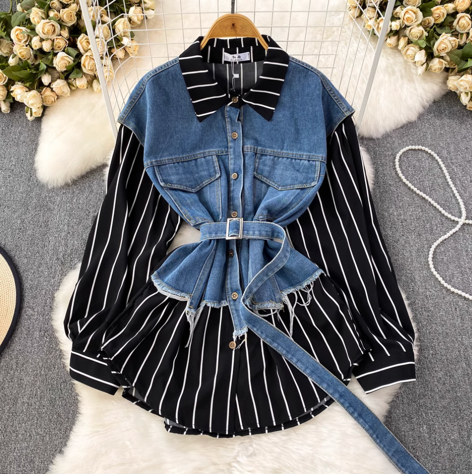Düzensiz Tasarım Denim Patchwork Çizgili Gömlek