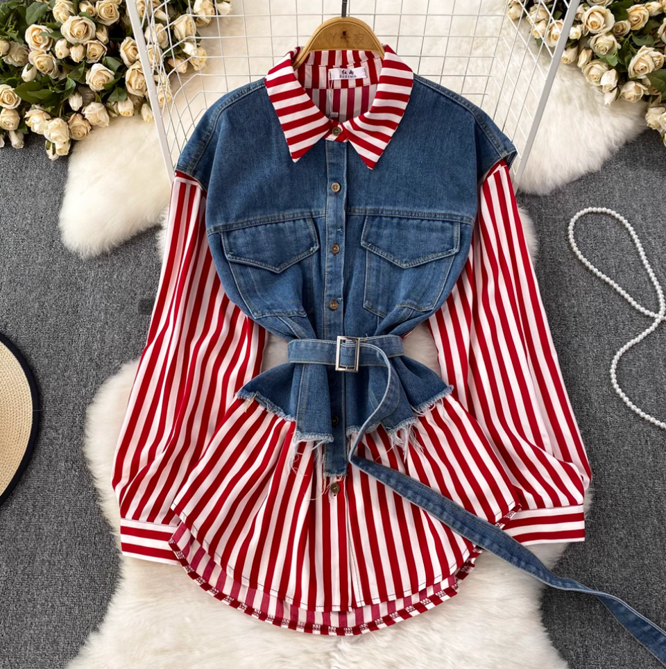 Düzensiz Tasarım Denim Patchwork Çizgili Gömlek