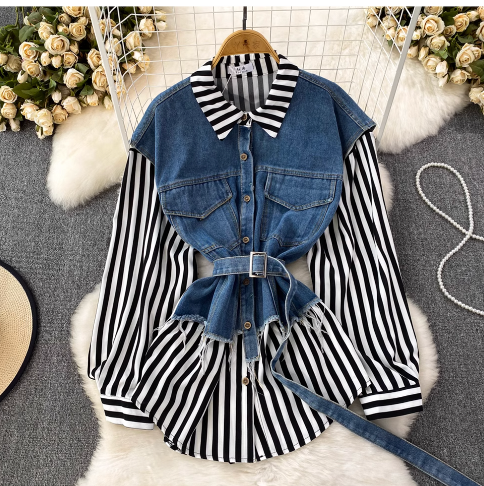 Düzensiz Tasarım Denim Patchwork Çizgili Gömlek