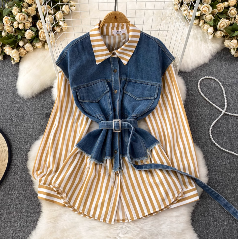 Düzensiz Tasarım Denim Patchwork Çizgili Gömlek