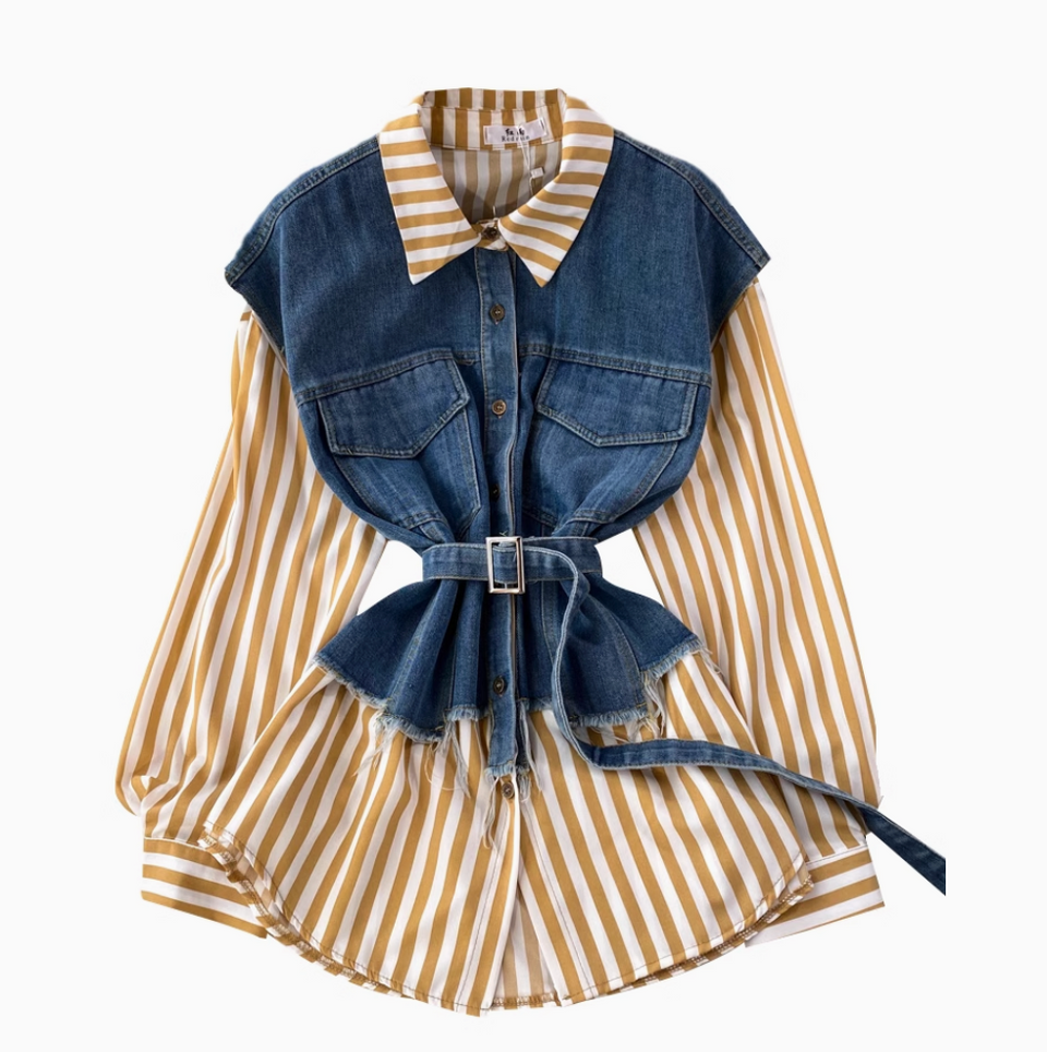 Düzensiz Tasarım Denim Patchwork Çizgili Gömlek