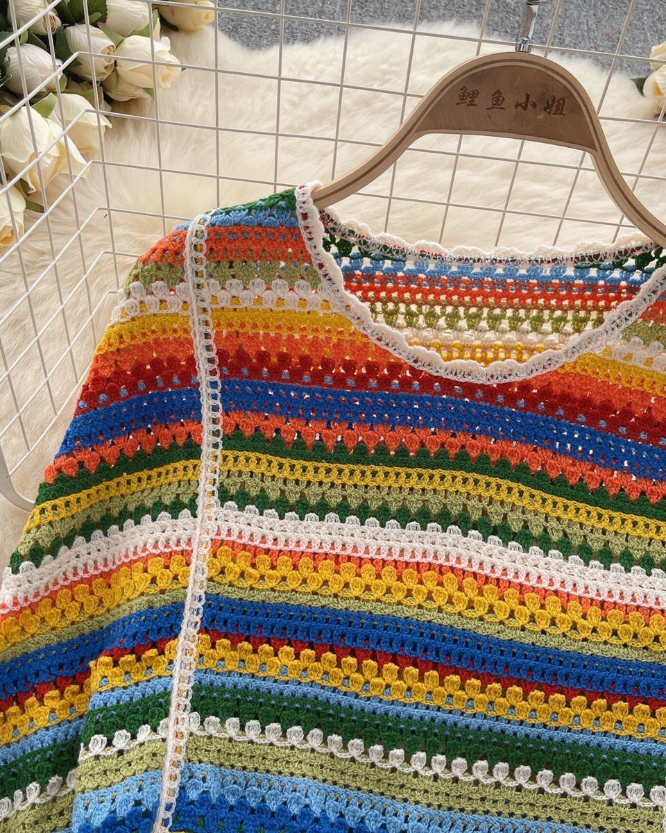 Renkli Çizgili Boşaltılmış Fringed Triko