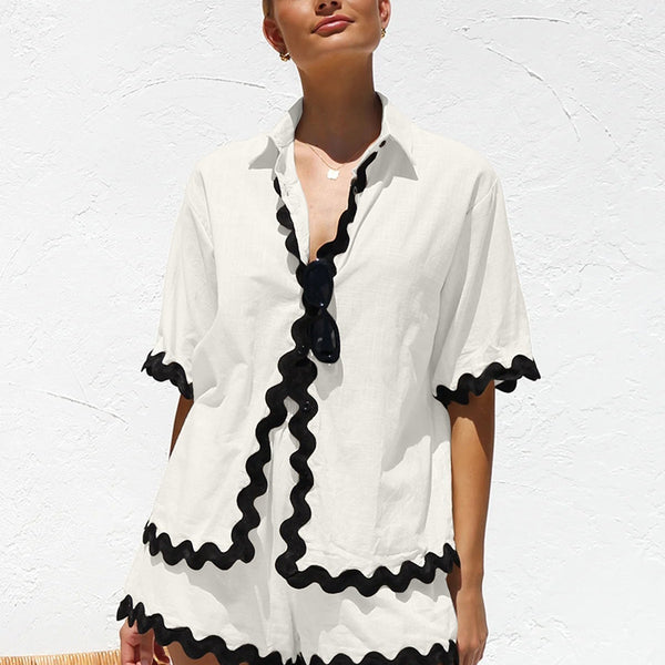 Düz Cardigan Takımı Dalgalı Dikişlerle