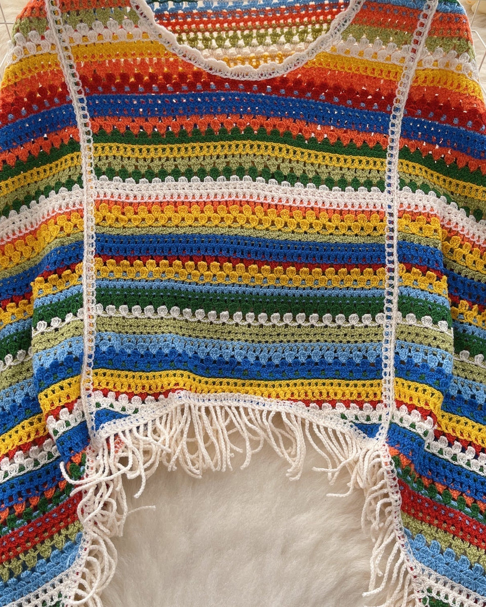 Renkli Çizgili Boşaltılmış Fringed Triko