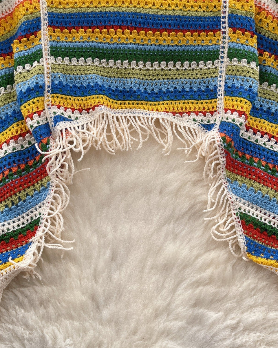 Renkli Çizgili Boşaltılmış Fringed Triko