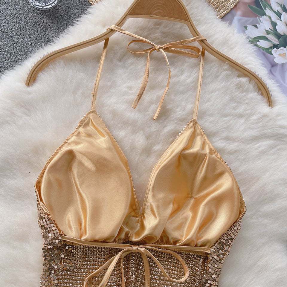 Stamp Halter Yaka Crop Bluz