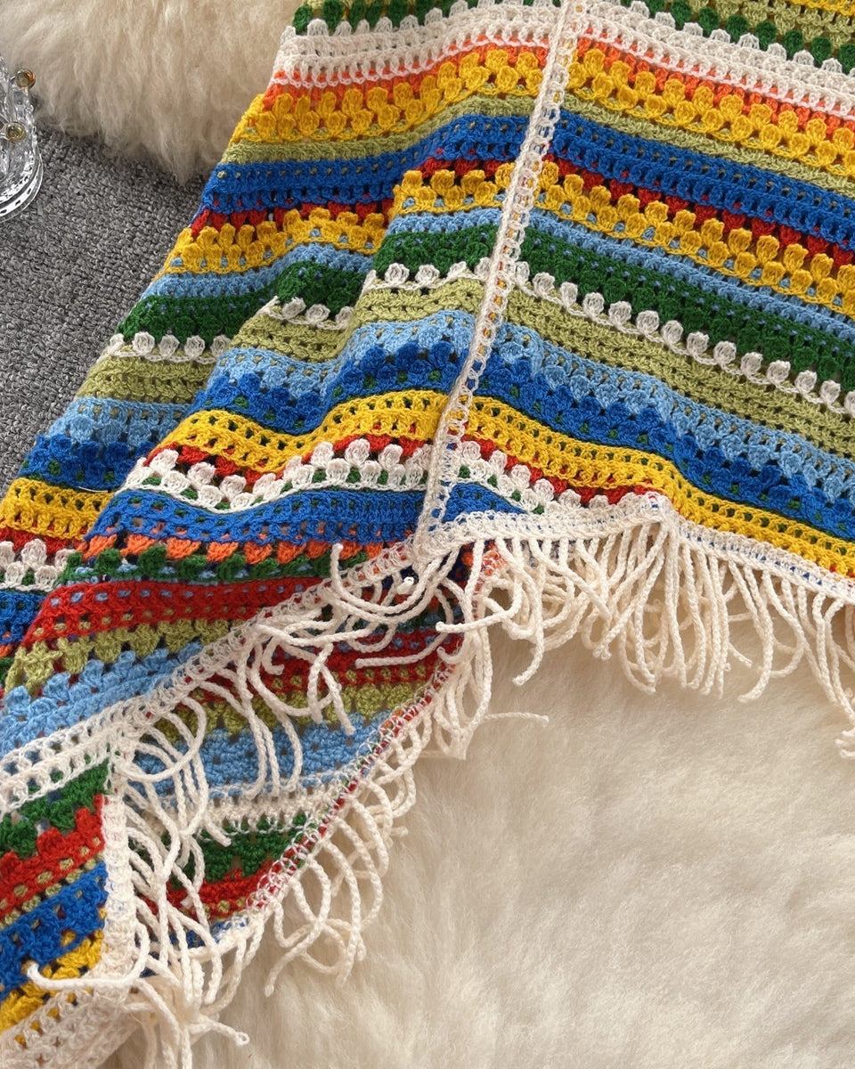Renkli Çizgili Boşaltılmış Fringed Triko
